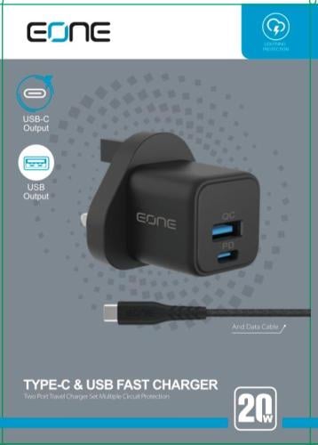 شاحن جداري بقوة 20 واط + كيبل تايب سي ماركة EONE