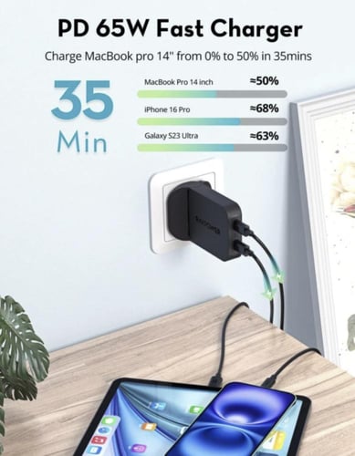 راف باور - فيش جداري نحيف بقوة 65 واط بمنفذين تايب...