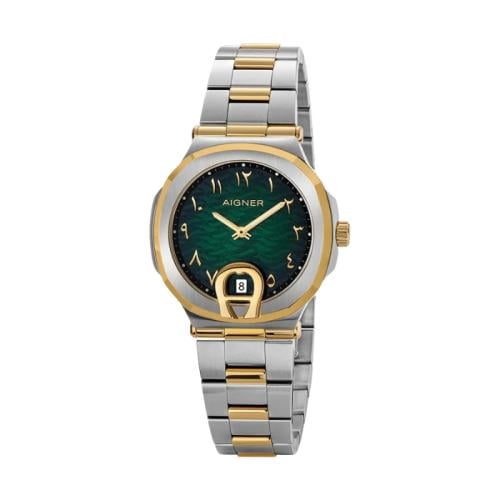 ساعة آغنر نسائية ميناء أخضر بزخارف عربية فضي ذهبي...