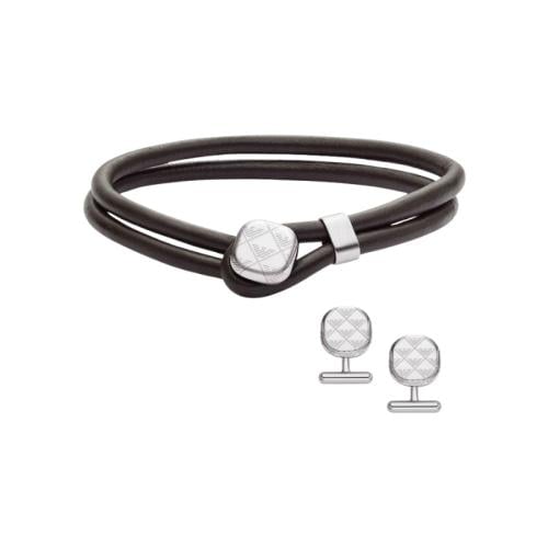 طقم إمبوريو أرماني رجالي سوار جلد بني مع كبك ستيل...