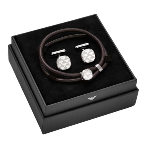 طقم إمبوريو أرماني رجالي سوار جلد بني مع كبك ستيل...