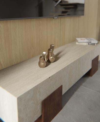 طاولة تلفزيون رخام ترافنتينو قواعد خشب