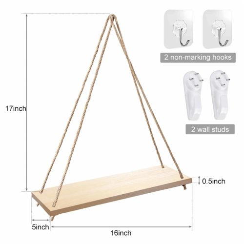 رف خشبي معلق بحبل شكل ارجوحة