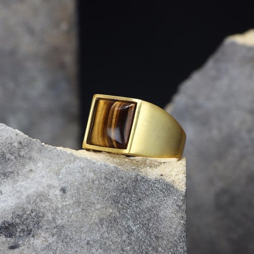 خاتم فضة أنيق بحجر مربع مميز عقيق عين النمر الطبيع...