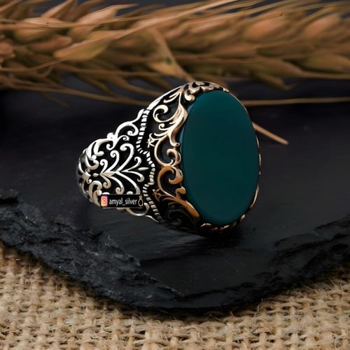 خاتم مرصع بحجر عقيق أخضر مصاغ من الفضة الخالصة عيا...