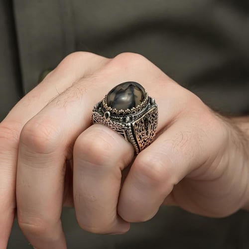خاتم فضة فاخر مرصع بحجر عقيق يماني طبيعي مشجر