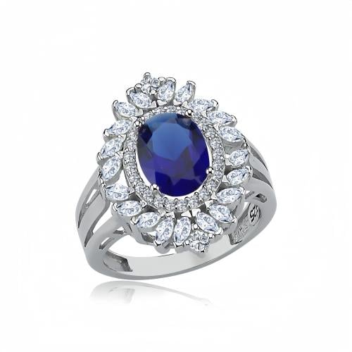 خاتم نسائي راقي فضة خالصة بحجر ياقوت أزرق محاط بفص...