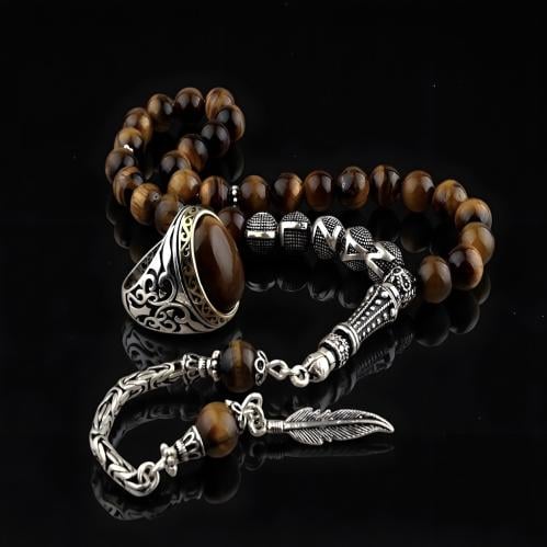 طقم فخم بسبحة وخاتم من الفضة الخالصة و أحجار عقيق...