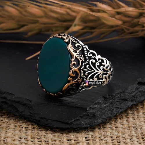 خاتم مرصع بحجر عقيق أخضر مصاغ من الفضة الخالصة عيا...