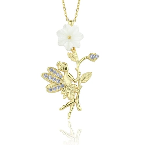 قلادة ملاك الحظ فضة بصياغة أنيقة مزينة بزهرة بيضاء...