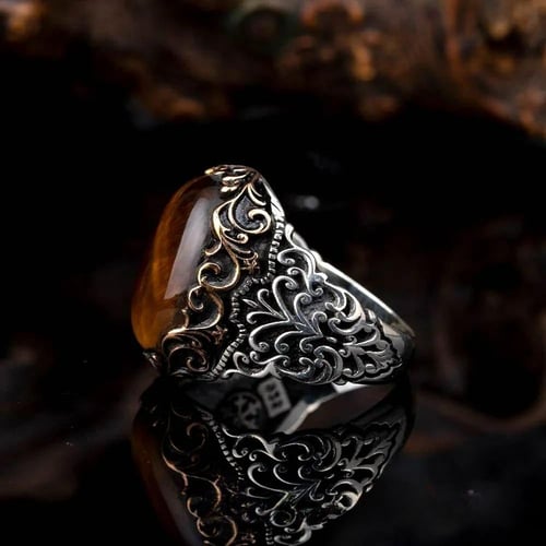 خاتم مرصع بحجر عقيق عين النمر الطبيعي - فضة مصاغة...