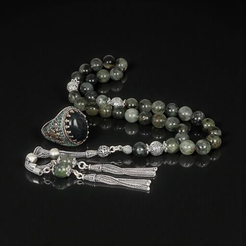 طقم راقي بسبحة مع خاتم من أحجار العقيق الطبيعي وال...