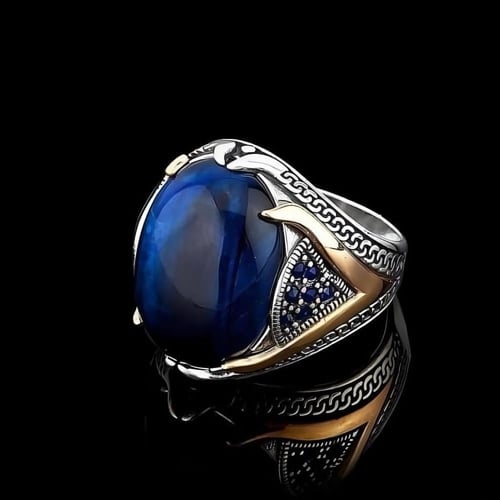 خاتم راقي مرصع بحجر عقيق عين النمر الأزرق - فضة خا...