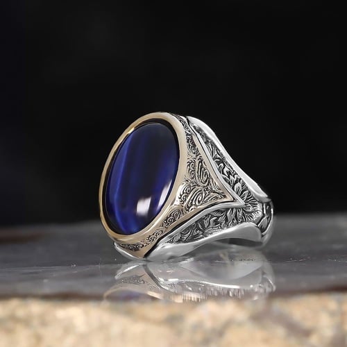 خاتم عصري مرصع بحجر عقيق عين النمر الأزرق الطبيعي...