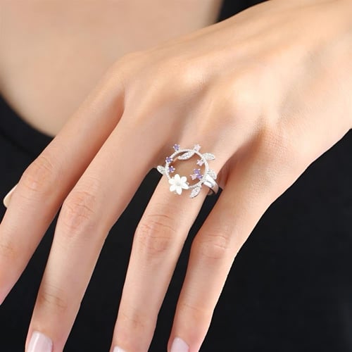 خاتم فضة أنيق بصياغة مميزة زهرة المانغوليا مطعم بف...