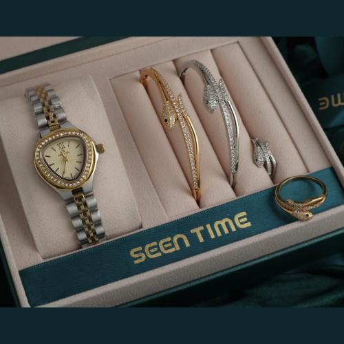 طقم ساعة نسائية راقية مع أساور بتصميم أنيق ولافت