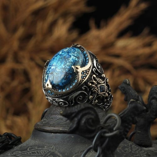 خاتم فاخر بحجر ازوريت طبيعي مصاغ من الفضة الخالصة...