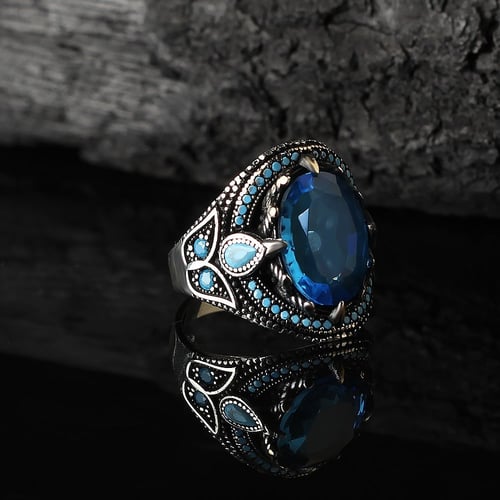 خاتم راقي بحجر زركون أزرق وبصياغة مميزة من الفضة ا...