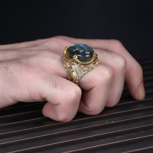 خاتم فاخر فضة إسترلينية مرصع بحجر كريم لابرادوريت...