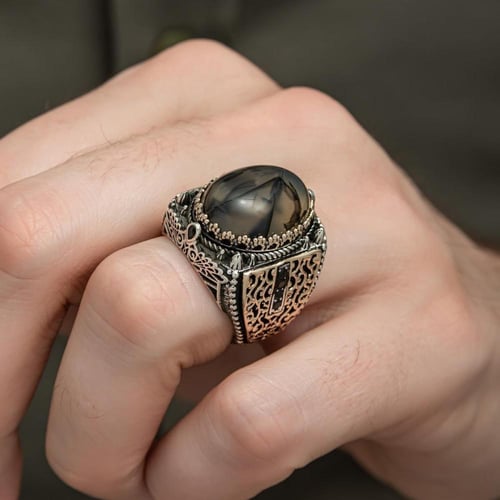 خاتم فضة فاخر مرصع بحجر عقيق يماني طبيعي مشجر