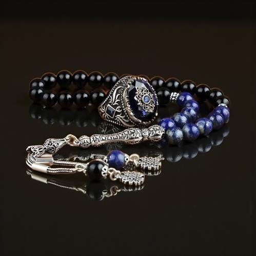 طقم راقي بسبحة وخاتم من أحجار الزركون و اللازورد و...