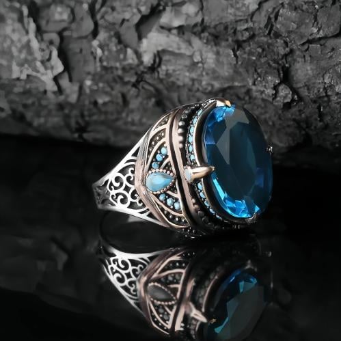 خاتم مرصع بحجر زركون أزرق بصياغة مميزة من الفضة ال...