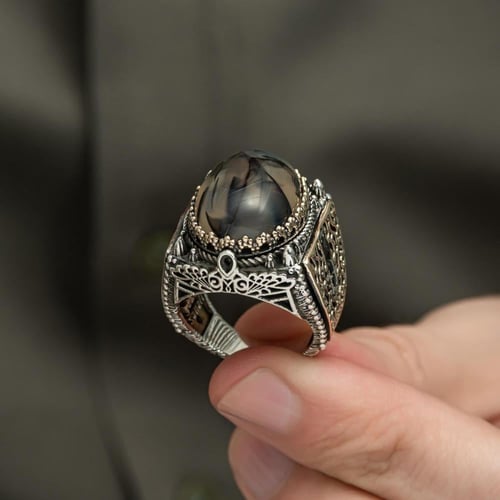 خاتم فضة فاخر مرصع بحجر عقيق يماني طبيعي مشجر