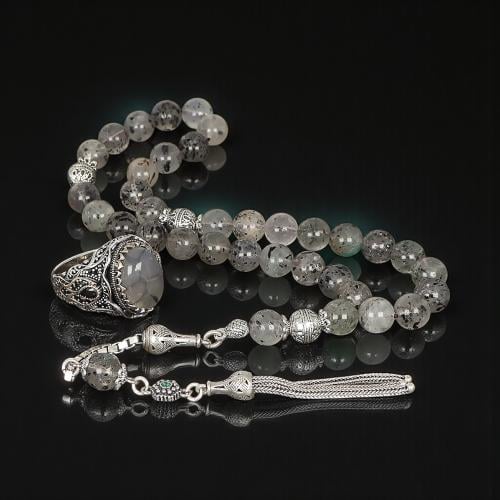 طقم فاخر يضم خاتم وسبحة من أحجار العقيق الطبيعي وا...