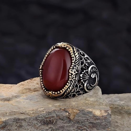خاتم راقي مرصع بحجر عقيق طبيعي فخم من الفضة الخالص...