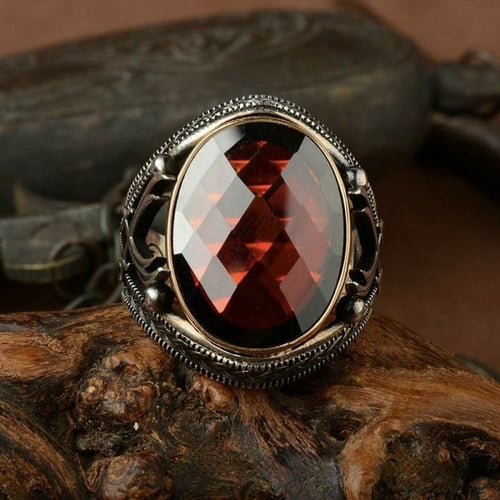 خاتم راقي مرصع بحجر زركون أحمر من الفضة الخالصة عي...