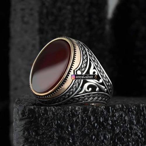 خاتم أنيق من الفضة الإسترلينية الخالصة بحجر عقيق أ...