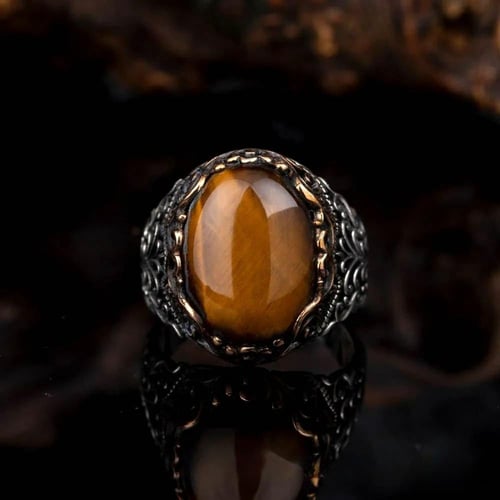 خاتم مرصع بحجر عقيق عين النمر الطبيعي - فضة مصاغة...