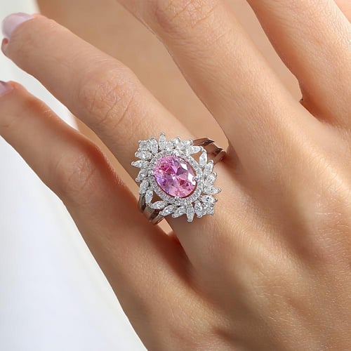 خاتم فخم فضة مرصعة بحجر زركون وردي أنيق محاط بفصوص...
