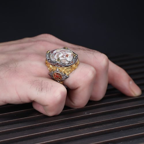 خاتم فاخر مرصع بحجر دانتيل طبيعي - فضة خالصة عيار...