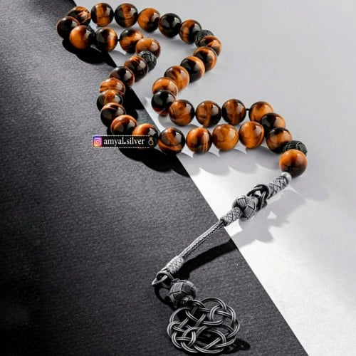 سبحة فخمة من أحجار عقيق عين النمر الطبيعي وبشرابة...