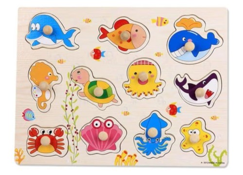 بزل خشبي الحيوانات البحرية بمقبض