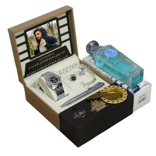 طقم ساعة رجالي فضي بالاسم