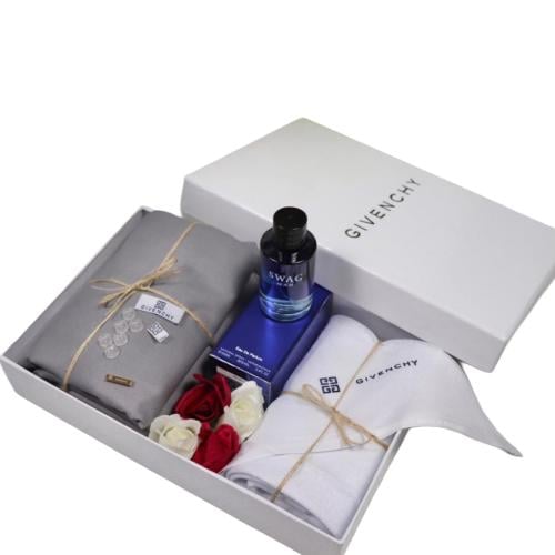 طقم هدايا رجالي شتوي فاخر مع شماغ وعطر وقماش مقلم