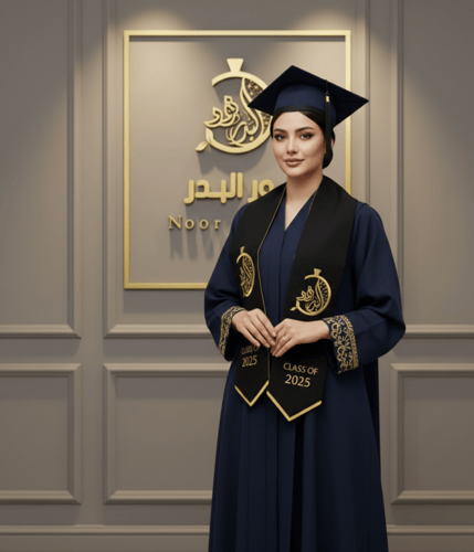 عبايات تخرج + وشاح + قبعه+مع تطريز الاسم والتاريخ...