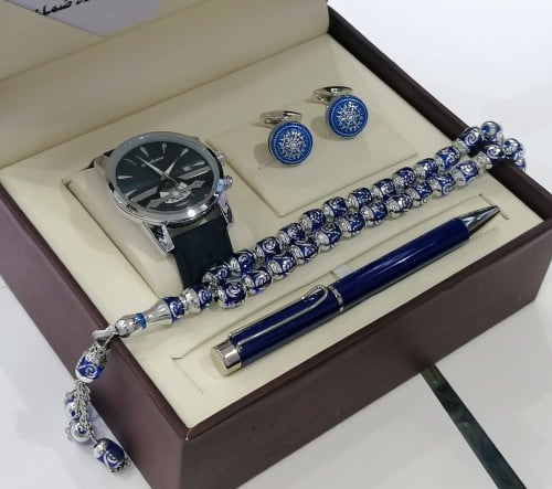 طقم رجالي ساعة وكبك وقلم ومسبحة مع علبة فخمة.-3