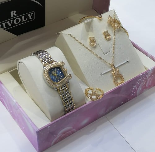 طقم ساعه نسائي انيق - مع سلسال + خاتم + حلق + اسوا...