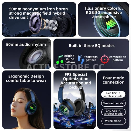 سماعة رأس بلوتوث + 2.4G محيطية للالعاب مع كرت صوت...