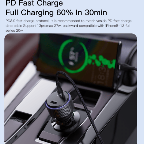 شاحن سيارة بمنفذين PD بقوة 60 واط | Yesido