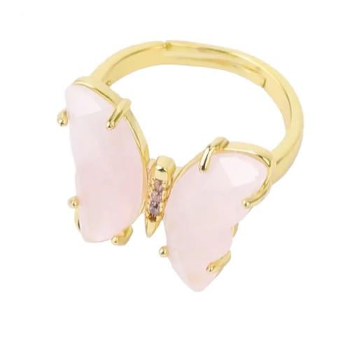 خاتم فراشه ذهبي حجر روز كوارتز ( Rose Quartz )