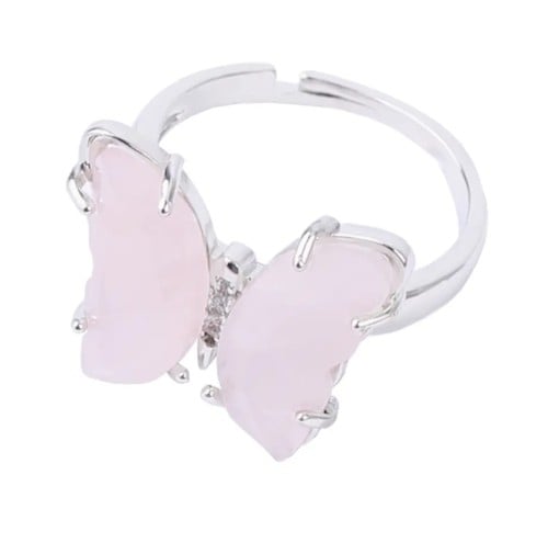 خاتم فراشه فضي حجر روز كوارتز ( Rose Quartz )