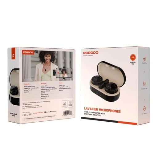 بورودو ميكروفون لاسلكي مزدوج مع علبة شحن - أسود