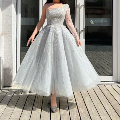 فستان ميدي بكم واحد-فضي