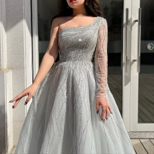 فستان ميدي بكم واحد-فضي