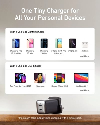 شاحن جداري انكر نانو برو بقوة 40 واط بمنفذين USB-C