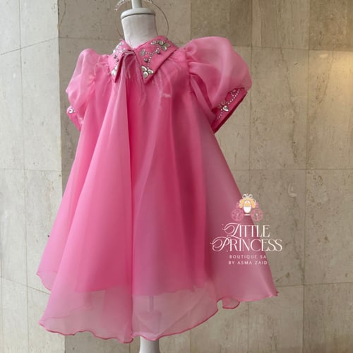 Pink chiffon dress with crystal collar + hair crow...